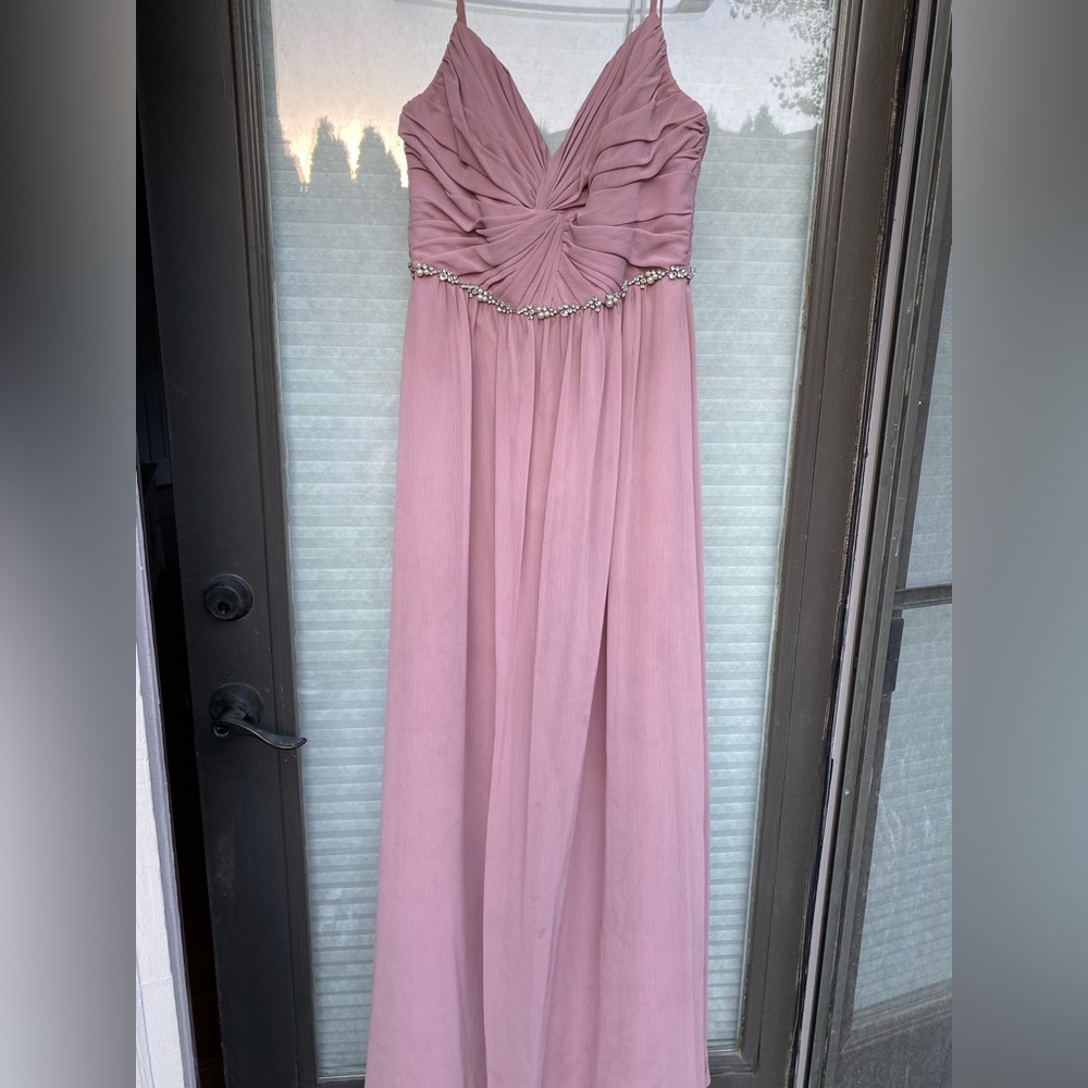 David's Bridal Dusty Rose Chiffon Maxi Dress with Beaded Waist